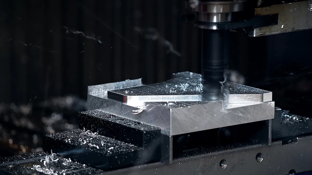 Fräsen eines Aluminiumblocks, Nahaufnahme mit Spänen